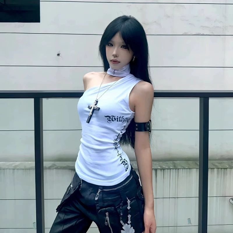 [210 г 40 тонких хлопчатобумажных 1*1] Американская горячая девушка косые плечи белый жилет женская летняя тонкая рубашка без рукавов