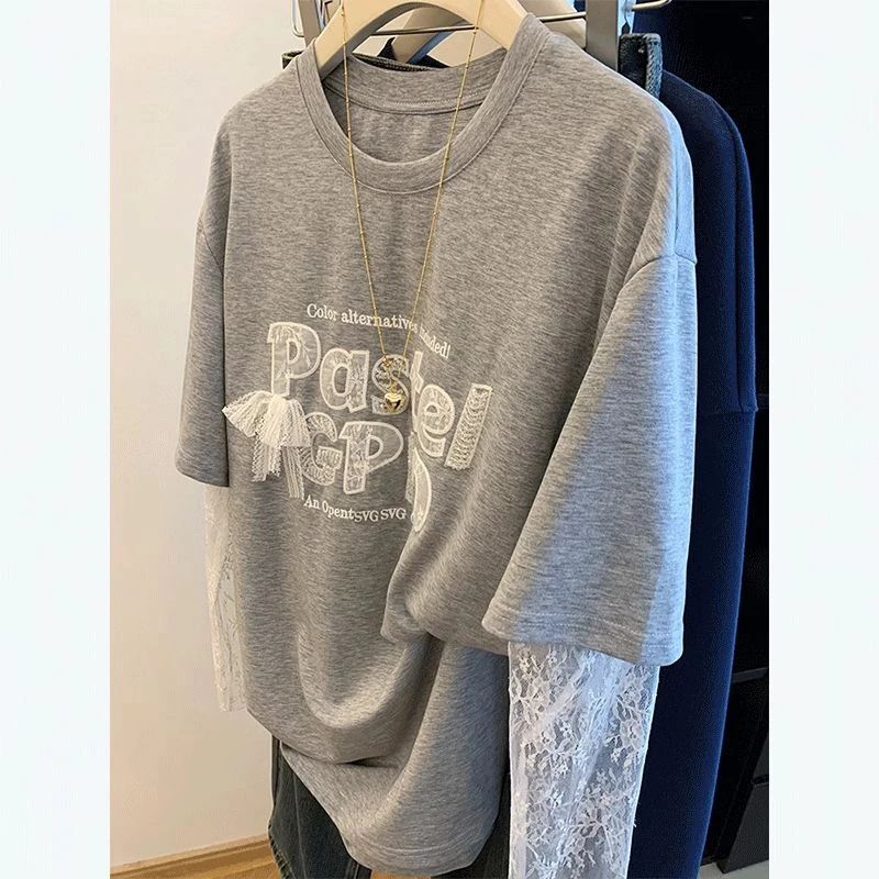 Gray Embroidered Lace Splicing Long-Sleeved T-Shirt for Women 2025 Summer New American Retro Fake Two-Piece Sun Protection Top