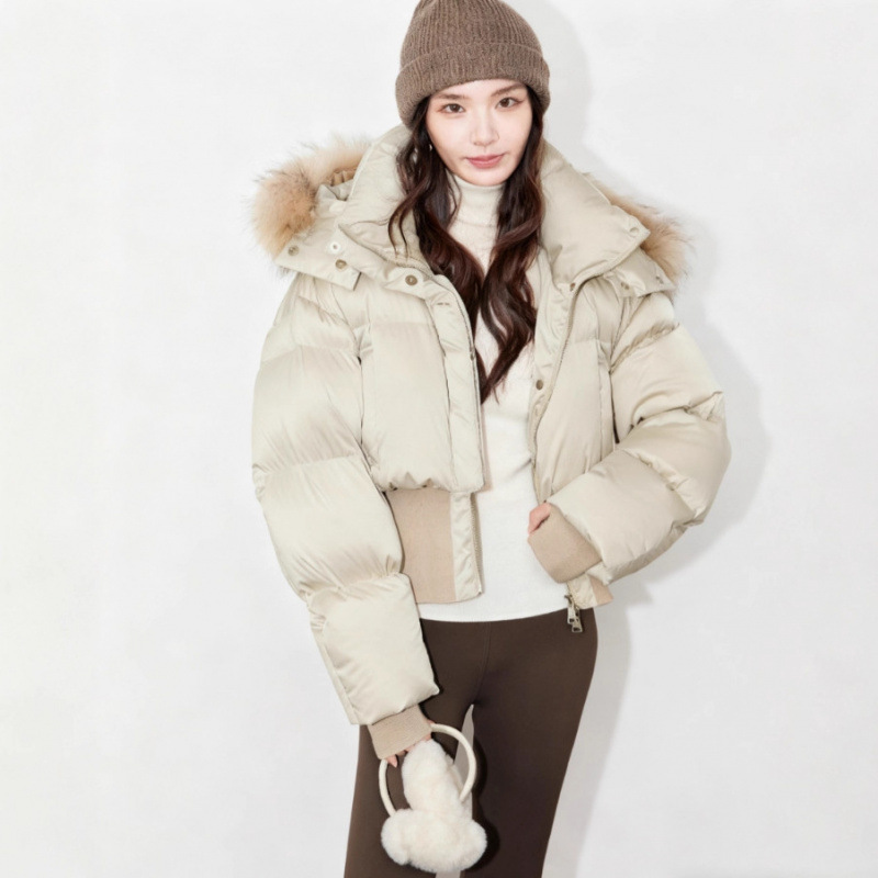 American-Style Fur Collar Hooded down Cotton Jacket for Women, 2025 Winter New Design, Short Warm Cotton Coat for Petite Figures