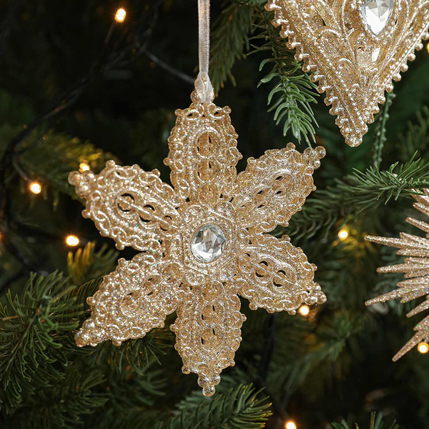 Polvo de champaña transfronterizo polvo de oro colgante retro copo de nieve amor plástico hueco decoración de árbol de Navidad colgante