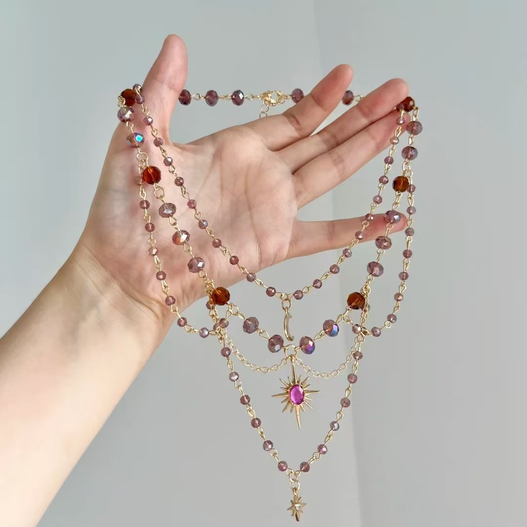Multi-layer Beaded Collarbone Necklace With Moon And Sun Pendants_voghion.com