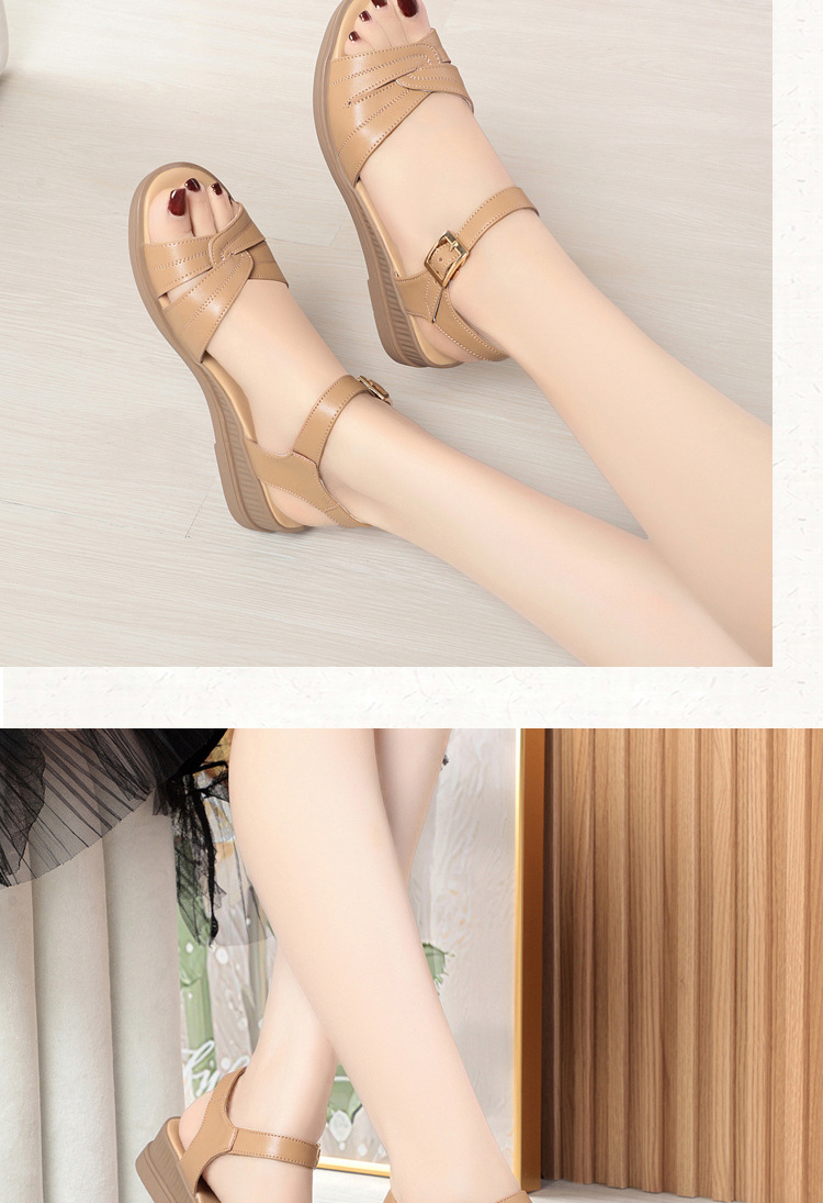 Sandal da bò đế bằng cho nữ trung niên, đế mềm chống trơn mùa hè — Màu be chi tiết 12