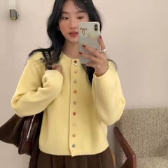 韩版设计彩色撞色单排扣圆领针织毛衣秋冬新款编织边软糯温柔开衫