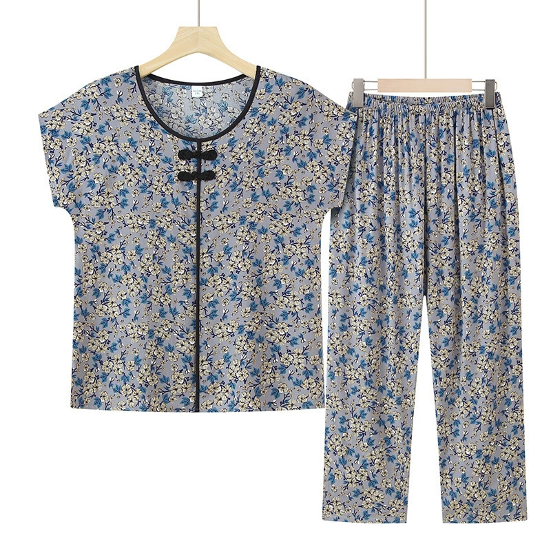夏装套装奶奶七分裤睡衣妈妈薄款绵绸家居服中老年女老太太两件套