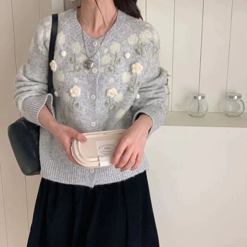 韩系立体花朵少女风针织开衫外套秋冬新款时尚百搭减龄甜美毛衣女|undefined