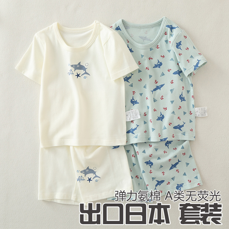 Elastic ammonia Cotton Boys' short-sleeved cropped pants suit cotton baby boys' home wear pajamas suit thin