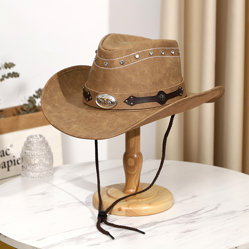 2025 Men's and Women's Retro High-Quality Leather Large Brim Big Bull Head Horse Riding Beach Sun Protection Western Cowboy Hat Sun