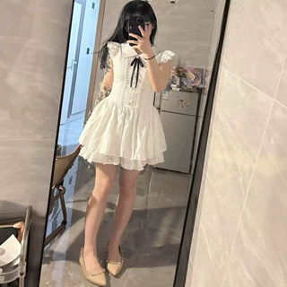 2026新款甜辣美少女显瘦学院风初恋小白裙a字蓬蓬裙连衣裙女夏季