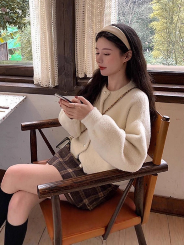 韩系秋冬季新款甜美小清新水貂绒毛衣女外套宽松百搭短款针织开衫|undefined
