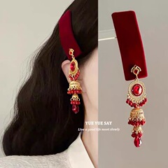 Honlingmeng 新中国風新年レッドベルベットエスニックスタイルタッセルヘアピンオリジナルニッチデザイン BB クリップ前髪クリップ
