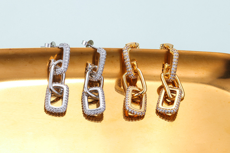 Earrings Classification Housewarming, Anniversary, Business, Wedding, Travel, Birthday, Festival Occasion Copper Material Cross-border New Arrival Personality Double Ring Buckle Earrings Gold-plated Long Earrings For Women Micro Inlaid Zircon Fashion Hip Hop Earrings For Women