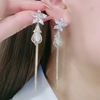 Asymmetrical long earrings from pearl, Korean style, flowered, cat's eye