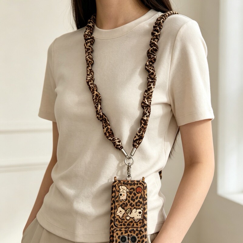 Autumn and winter leopard print phone strap, fabric pleated short thumb strap, large wrist strap, anti-loss long strap, crossbody style Autumn and winter leopard print phone strap, fabric pleated short thumb strap, large wrist strap, anti-loss long strap, crossbody style