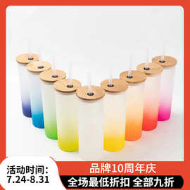 18oz渐变带吸管磨砂高硼硅玻璃杯子可热升华印图片水杯渐变彩虹杯