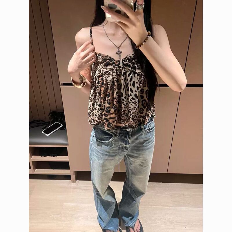 American Retro Leopard Print Spaghetti Strap Camisole for Women, Summer Hot Girl Style, Loose Fit, Slimming, Versatile Short Top