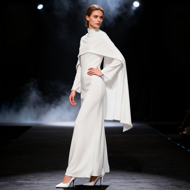 Pearl-Trimmed Cape Dress 2026 Spring New Women's Scarf Collar Long-Sleeved Slim Fishtail Long Dress
