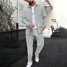 跨境亚马逊冬季新款男士华夫格纯色长袖衬衫长裤休闲户外运动套装