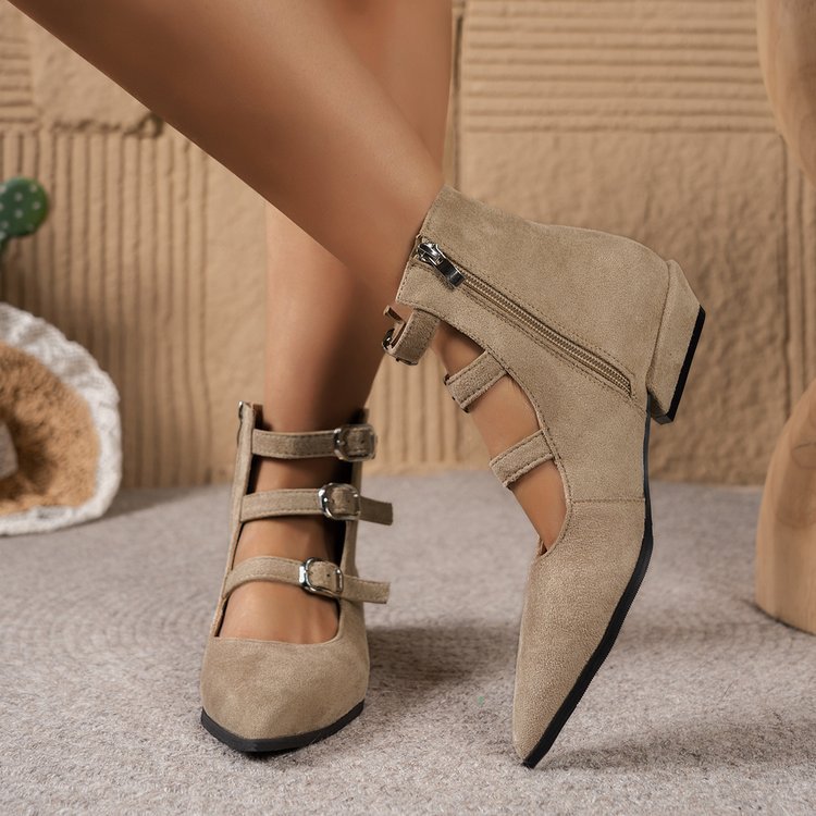 Sheepskin Version~2026 New Style Pointed Toe Chunky Heel Buckle Ankle For Women, Fashionable And Elegant, Versatile_vogvips.com