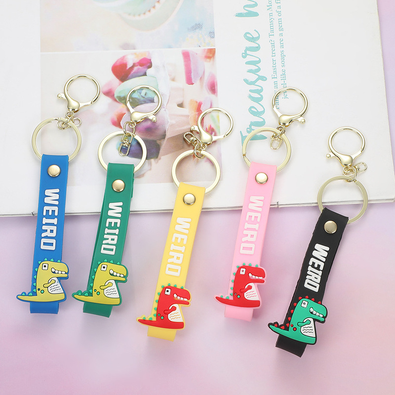 Dinosaur Pvc Soft Rubber Keychain Leather Rope Wrist Strap Car Key Hand Rope Belt Bag Doll Pendant Small Gift