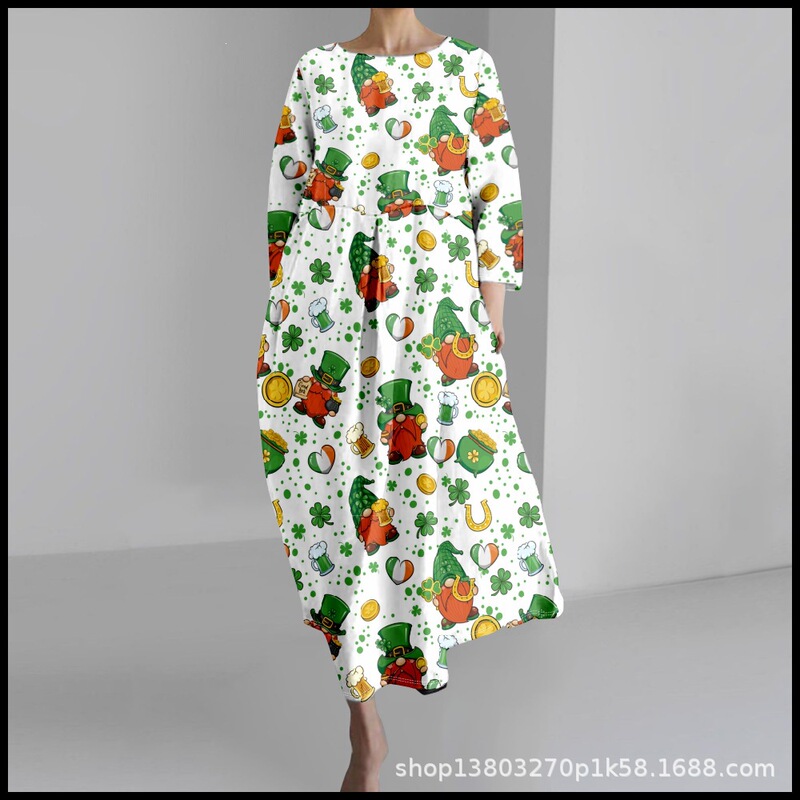2025 Cross-Border Women's Casual Three-Quarter Sleeve Dress with St. Patrick's Theme Clover 3D Print for Summer