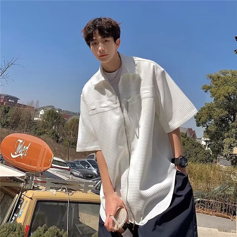 Waffle White Shirt Men's Summer Design Sense High-end Casual Jacket Trendy Brand Ruffian Handsome Shirt Short-sleeved Shirt
