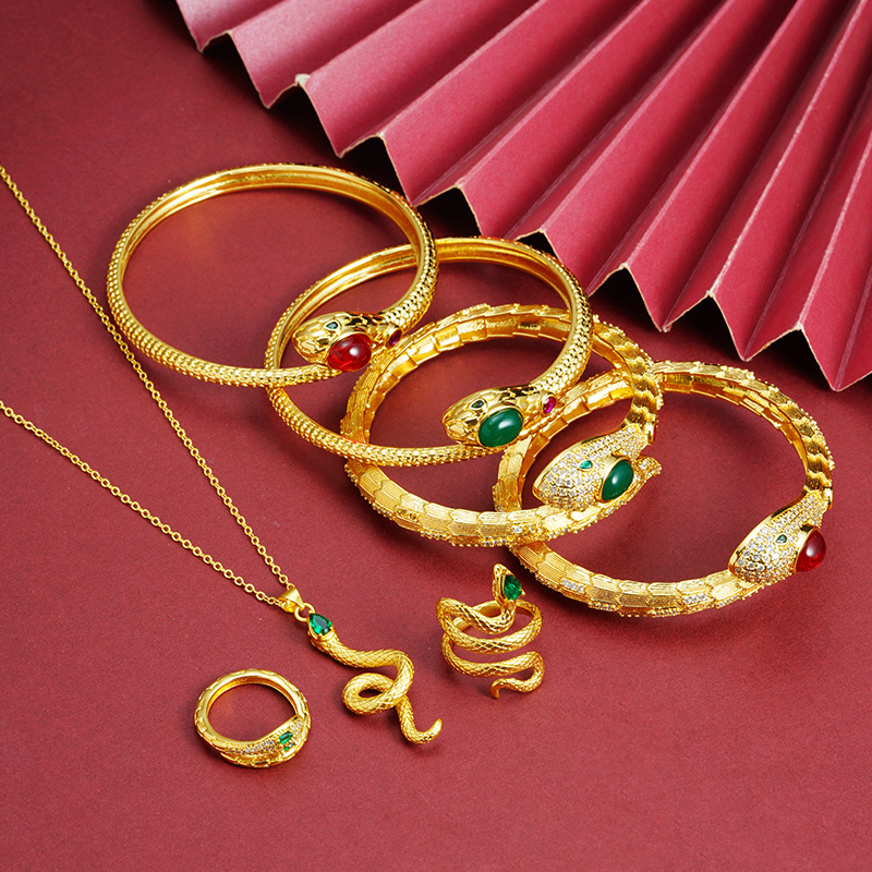 Collar de oro de arena vietnamita, marea nacional, serpiente espiritual de circonio, pulsera abierta, conjunto de anillos, estilo chino femenino, joyería que no se desvanece durante mucho tiempo