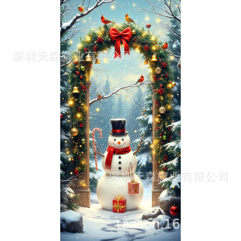 跨境爆款亚马逊圣诞节门盖旗帜雪人圣诞树真实感门套圣诞毛球花边|undefined