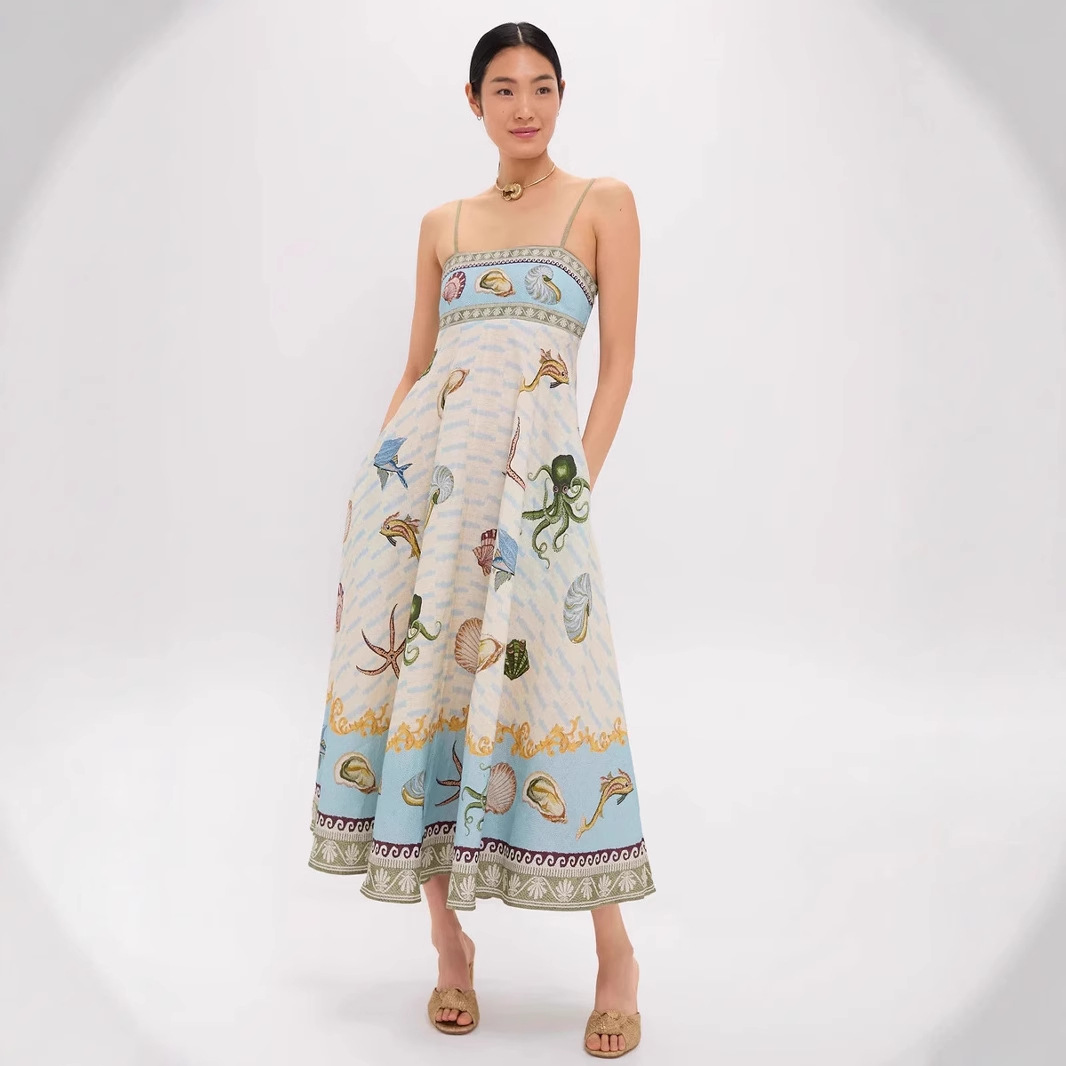 2025速卖通跨境亚马逊女装新款气质高腰棉麻印花吊带休闲时尚连衣