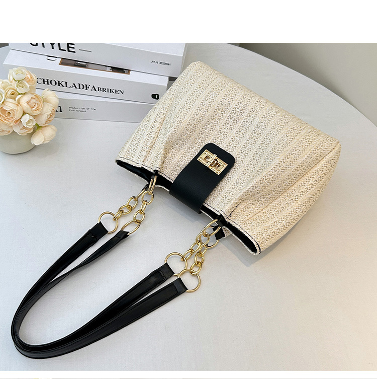 360g Weight Polyester Lining Material Lock clasp Closure Type Double Handle Strap Type Tote Bag Bags Type Daily Occasion Pu Leather, Straw Material Color Block Pattern All Seasons Season Women's Gender Streetwear Style Bucket Shape Medium Size Women's Medium Pu Leather Straw Color Block Streetwear Bucket Lock Clasp Tote Bag 11