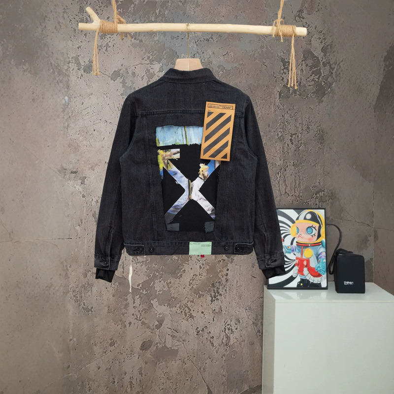 Cross-border e-commerce, OW trendy brand, dreamy splatter-paint patchwork oil painting design, washed denim jacket, men's, single-item drop shipping