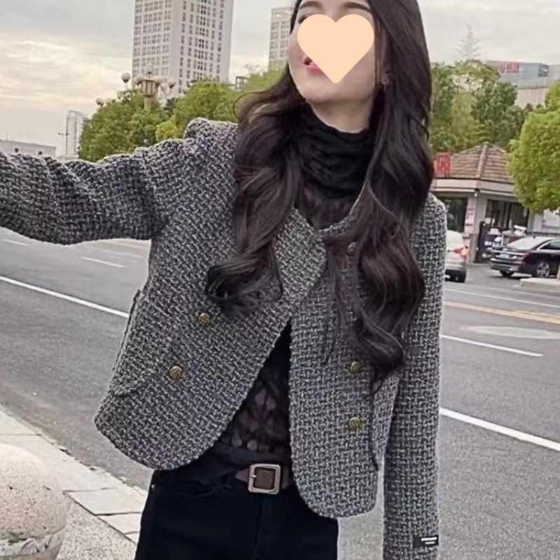 Gray Short Suit Jacket for Women, Autumn Style, Trendy Outerwear, Tweed High-End Socialite Top