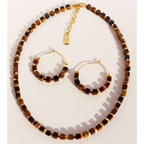 Niche design natural square tiger eye stone bead necklace and earrings set women's Maillard beaded earrings 435