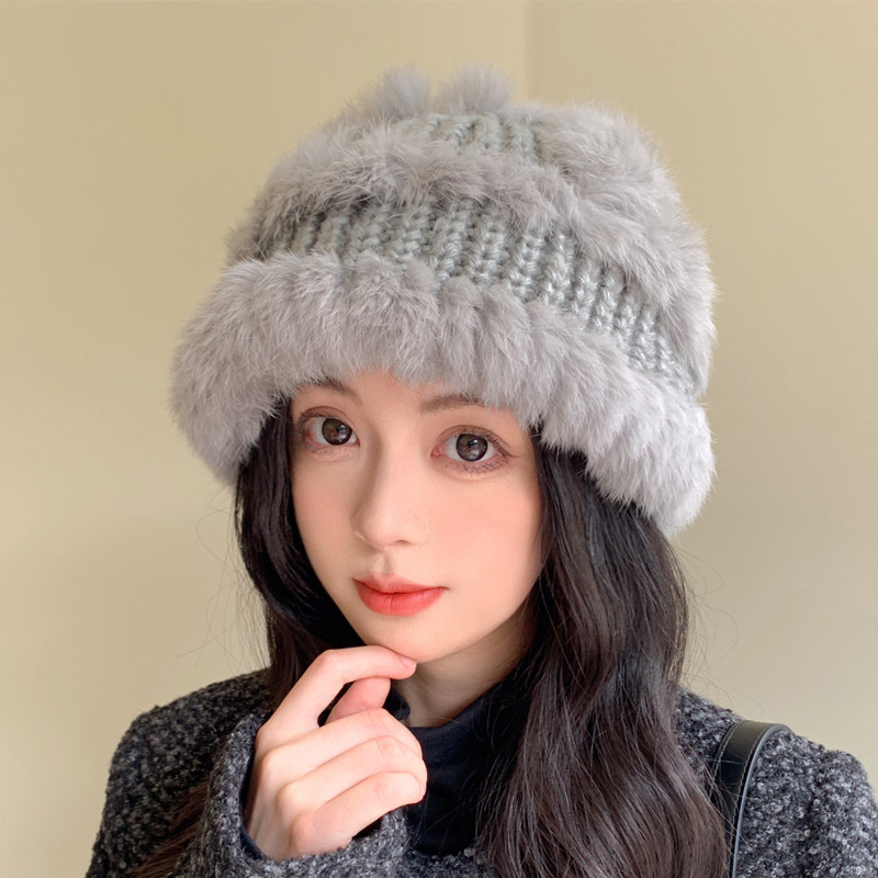 秋冬新款伪兔毛渔夫帽女款毛线帽大帽檐显脸小保暖加厚护耳醒狮帽|undefined
