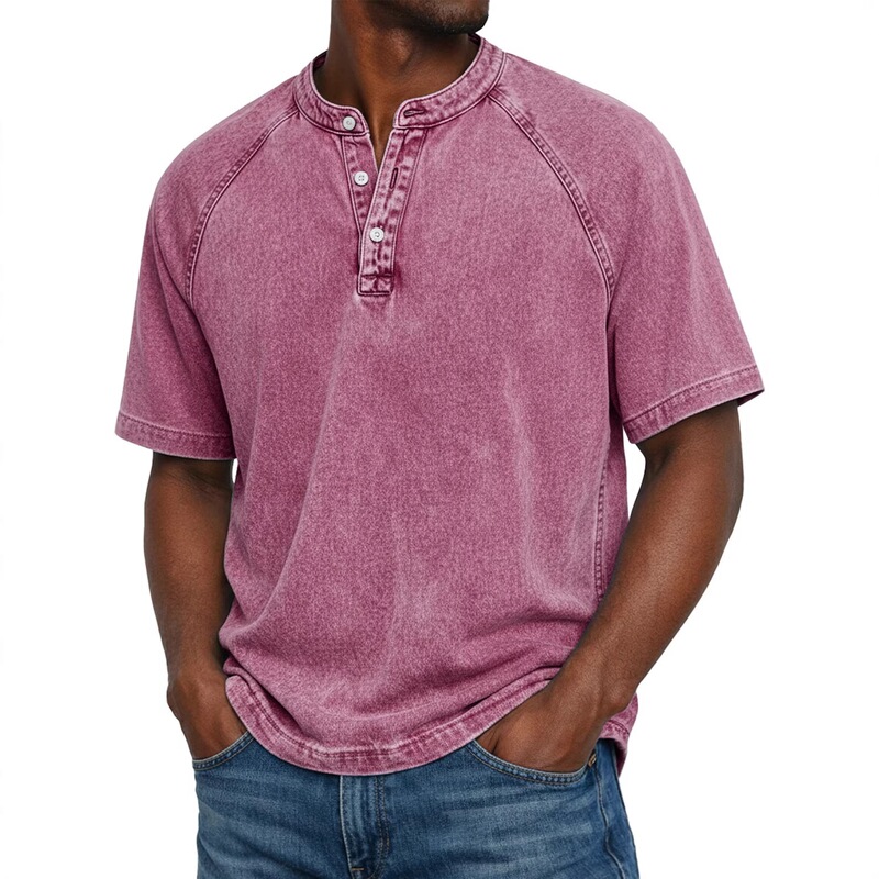 Cross-Border European and American Casual Sports Shirts, Raglan Crew Neck Three-Button Short-Sleeve Henley Printed Shirts, In-Stock Source Factory