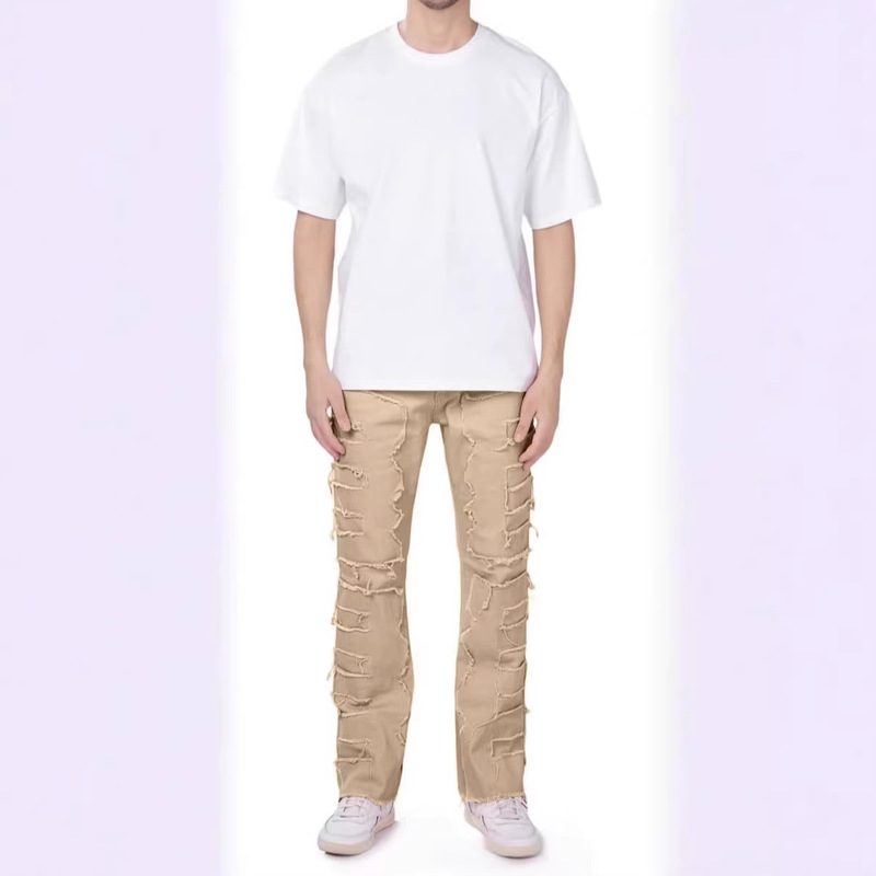 Men's Layered Jeans with Ripped Design, Slim Fit, Stretchy, Straight-Leg Denim with Patchwork and Frayed Edges Men's Layered Jeans with Ripped Design, Slim Fit, Stretchy, Straight-Leg Denim with Patchwork and Frayed Edges
