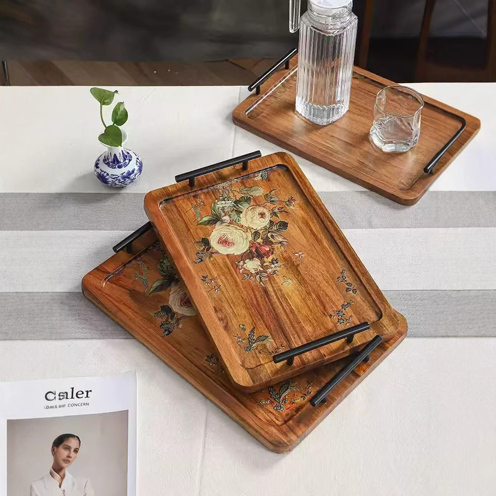 Acacia madera bandeja de té casera bandeja de infusión seca pequeña mesa de té estilo chino retrógrado olla de taza de té bandeja de almacenamiento de refrigerio bandeja de almacenamiento