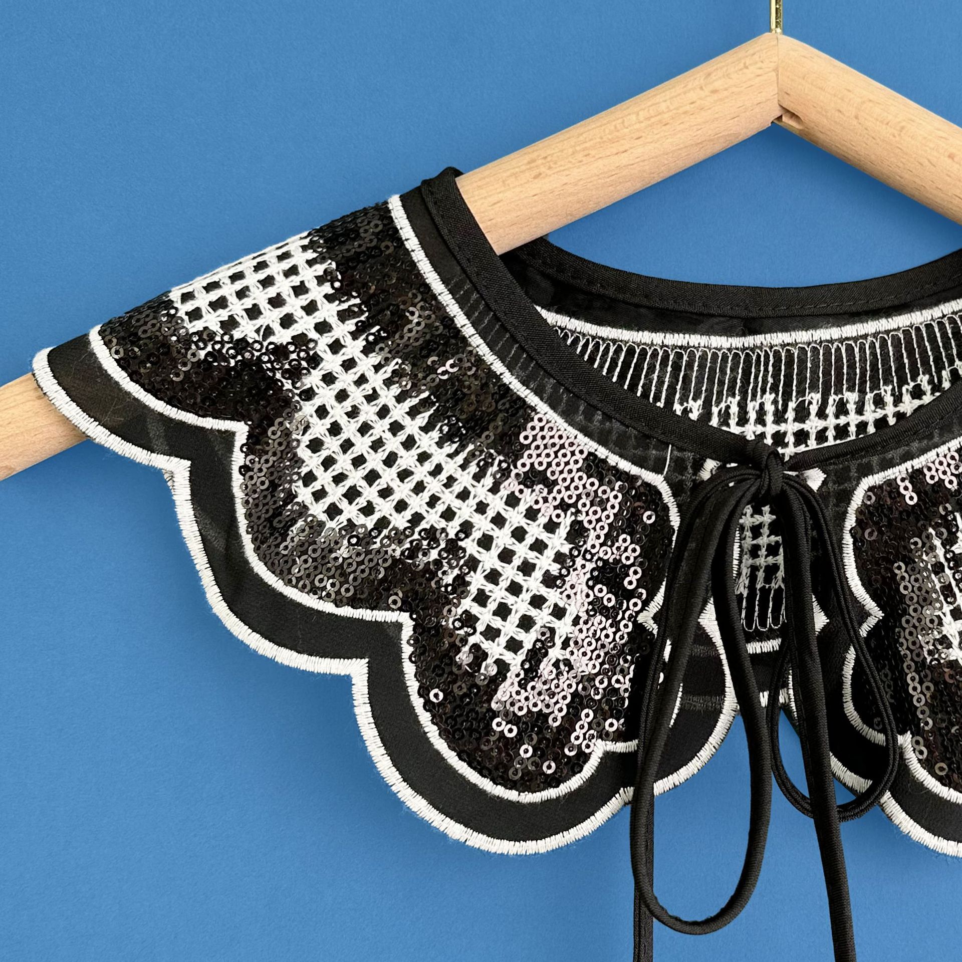 Comercio exterior gasa blanco y negro lentejuelas bordado cuello falso chal pequeño cuello versátil flor encaje de comercio electrónico transfronterizo