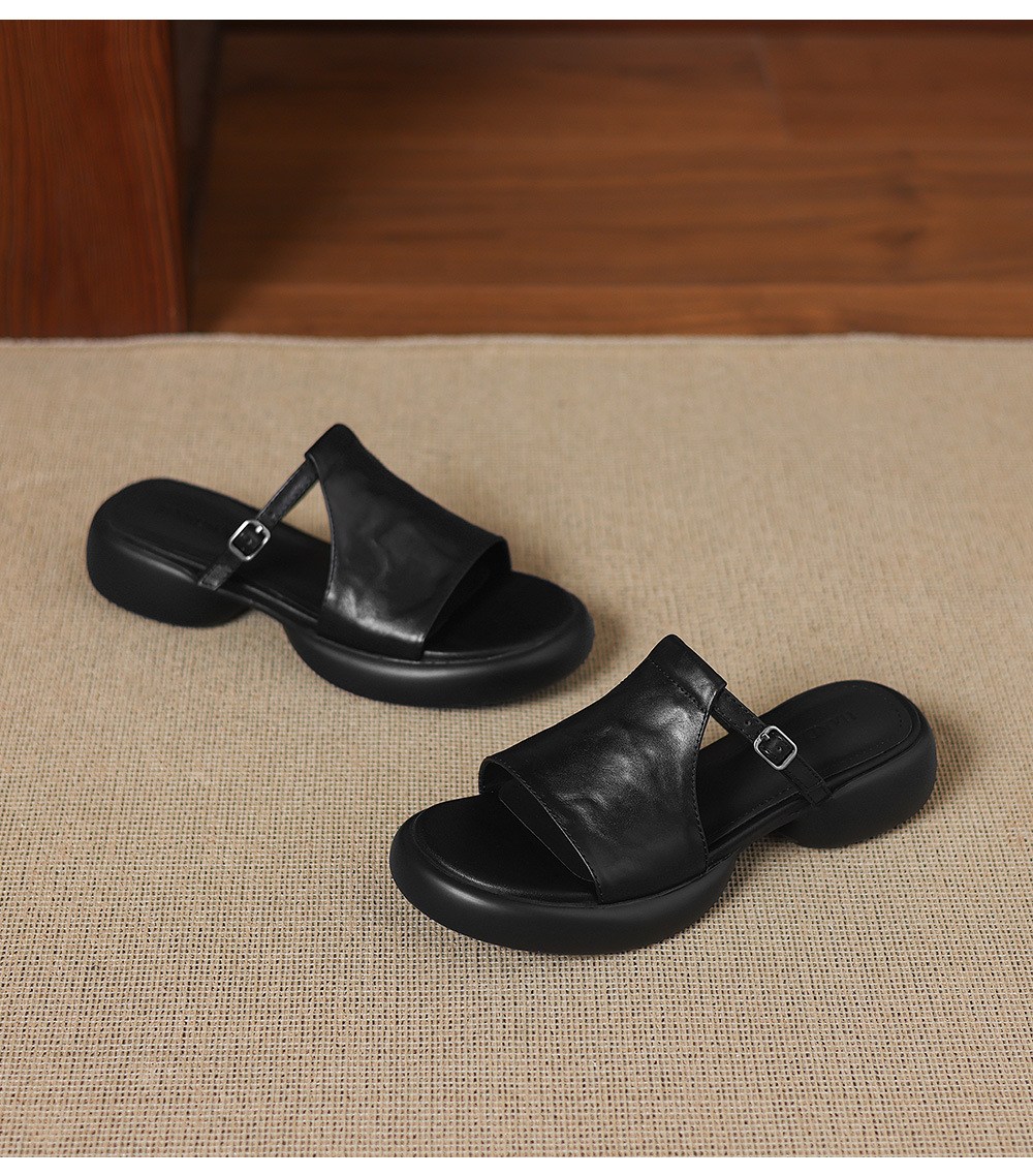 Sandal hở mũi nữ quai ngang đế dày da bò — màu nâu chi tiết 21