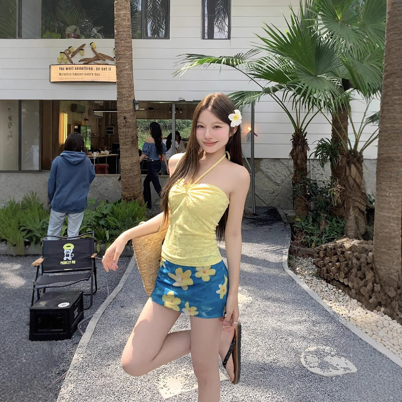 Seaside Holiday suit French Style Drawstring Tube Top Women's Summer Blue Floral Skirt Two-piece Set