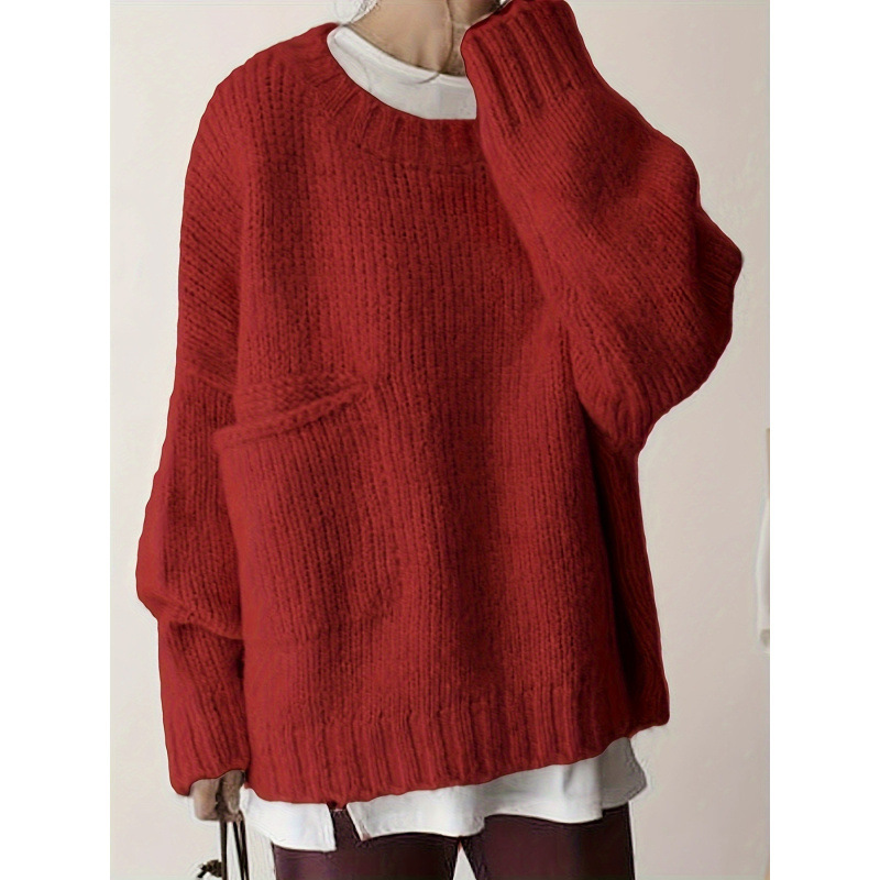 Plus Size Solid Pocket Crew Neck Sweater Casual Long Sle跨境|undefined