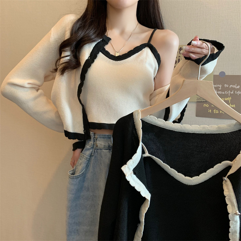 대비 색상 샤넬 스타일 스웨터 세트 여자의 투피스 탑 유행 짧은 캐미솔 니트 카디건 재킷 가을