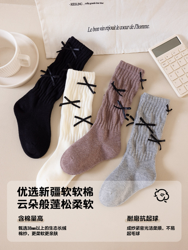 时尚蝴蝶结儿童堆堆袜 潮流ins女童高筒袜子小腿袜条纹显瘦舞蹈袜|undefined