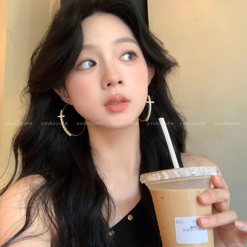 欧美夸张闪钻十字架素圈耳圈女小众设计高级感耳环显瘦大圈圈耳饰|undefined