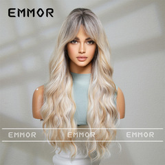 European and American-style gradient white-golden figure-eight bangs with long, wavy hair—elegant, trendy, high-temperature silk synthetic full-head wig for women