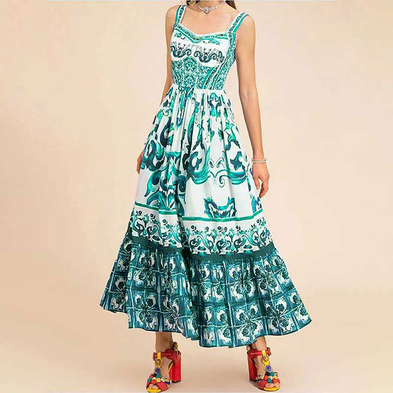 Robe longue évasée à bretelles imprimée, style bohème chic, collection printemps 2026, inspirée des tendances européennes et américaines._voghion.com