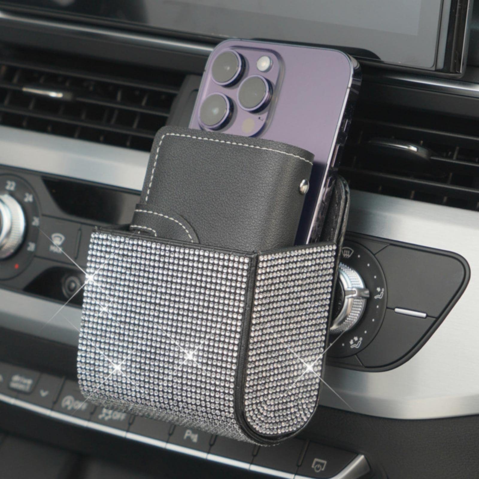 Car Diamond-Encrusted Document Storage Box, Car Air-Conditioning Vent Storage, Multi-Functional Leather Storage Bag with Diamonds