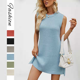 2026春夏季亚马逊独立站新款欧美外贸女装纯色圆领时尚针织连衣裙