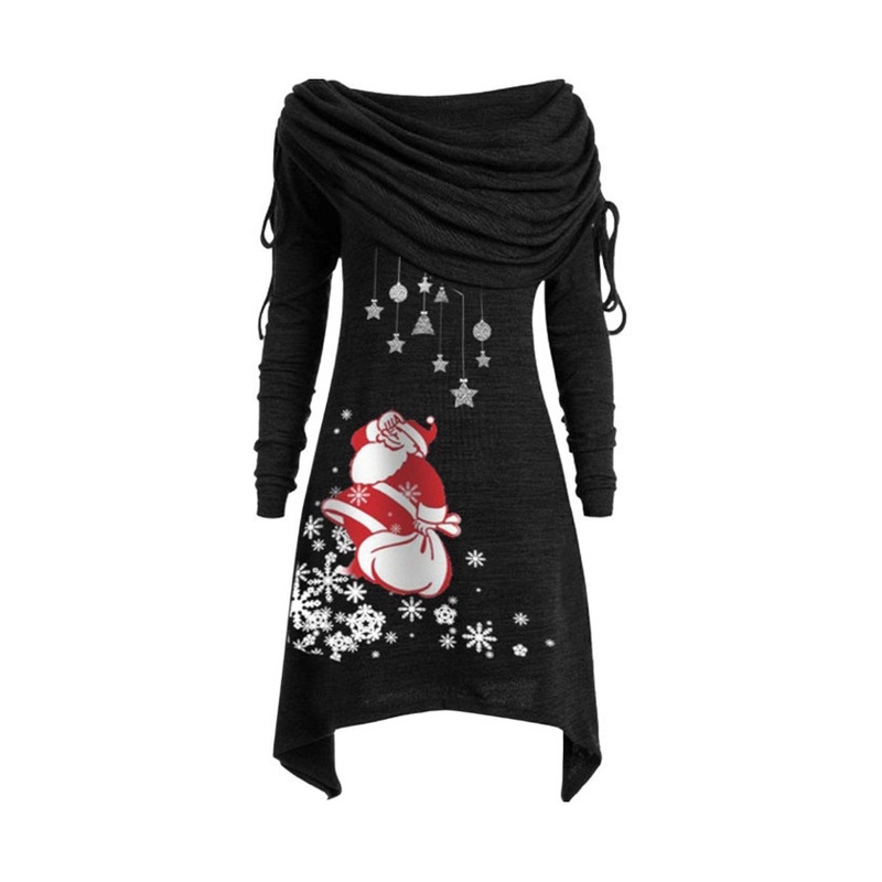 Women's plus size long sleeve Santa Claus snowflake print pleated collar pleated irregular mid-length waist tunic