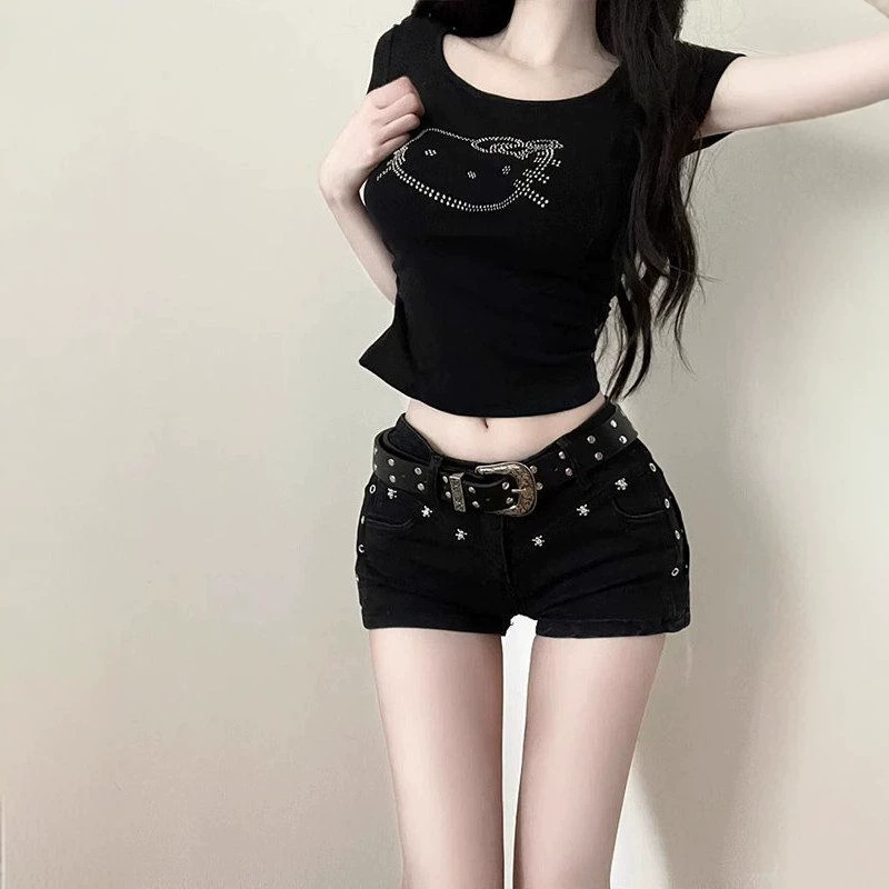 Trendy Women's Black Low-Waist Studded Shorts, Slim Fit, Stretchy, Hip-Hugging, Flattering, New Style