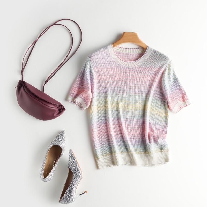 (Lyocell Tencel + Mulberry Silk) White Round Neck Sleeve Full Body Rainbow Colorful Half Sleeve Shirt Women's T-Shirt